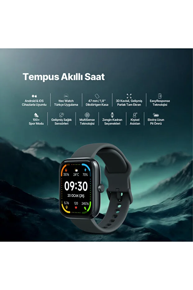 Tempus 47 mm Dikdörtgen Kasa Akıllı Saat Siyah 